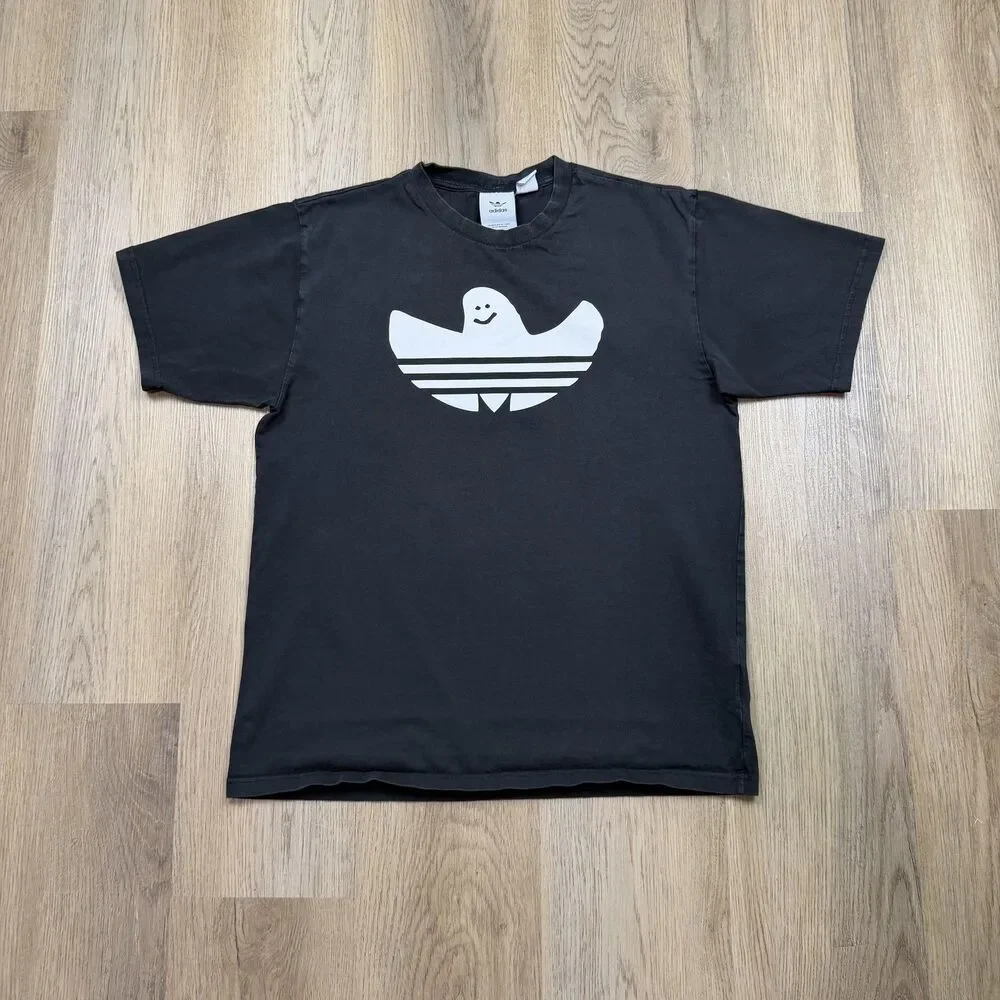 Adidas Shirt Mens Medium Black Ghost Trefoil Graphic Halloween Skateboarding Tee